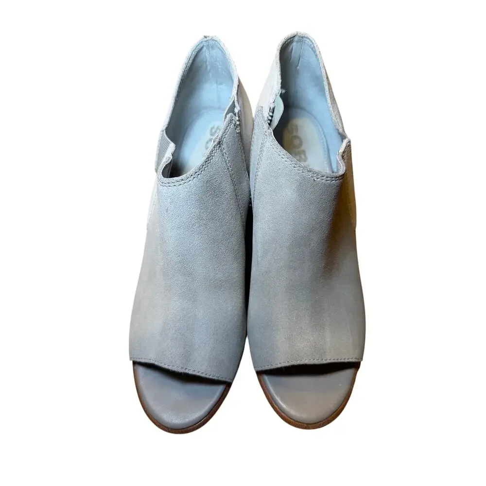 Sorel Gray Suede Peep‎ Toe Ankle Booties Block Heel Side Zip Women’s Size 9